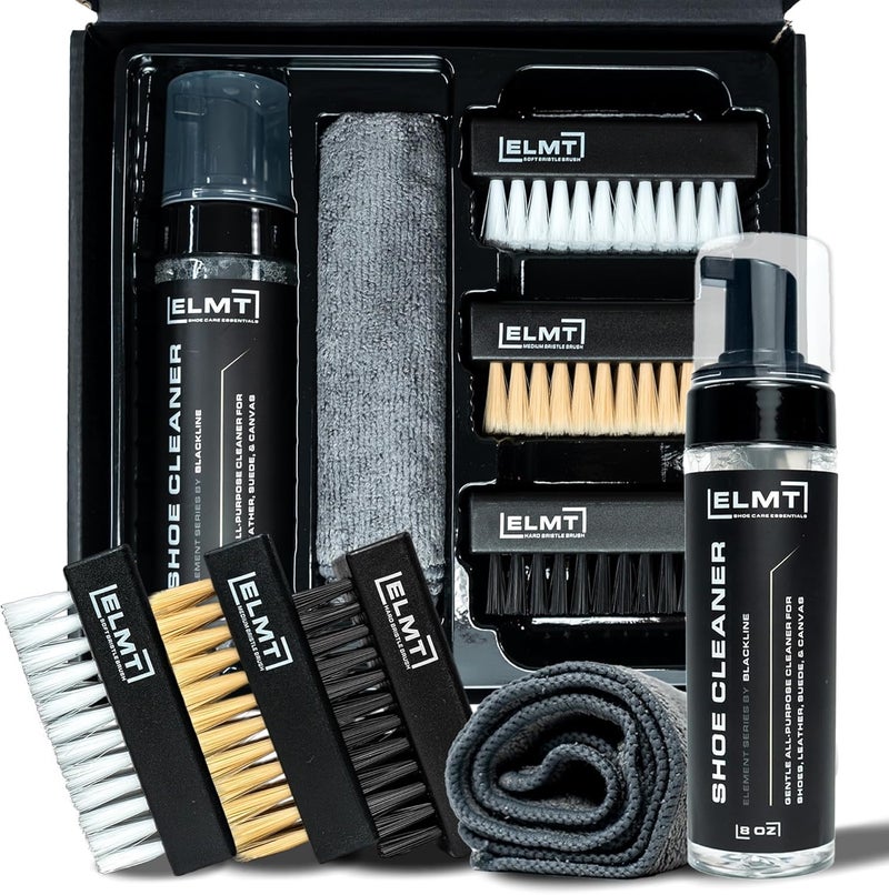 BlackLine ELMT Shoe Cleaner Kit — Ideal Sneaker, Canvas, Mesh, Nubuck, Sheepskin, Leather, Suede Shoe Cleaner — US-Made, Safe, 10X Potent Shoe Cleaning Kit (8 oz Solution, 3 Brushes, Microfiber Towel) - Image 1